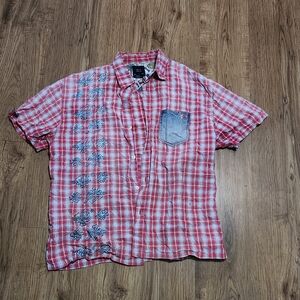 Bugle Boy Red and White Plaid Shirt with Floral Accent XL